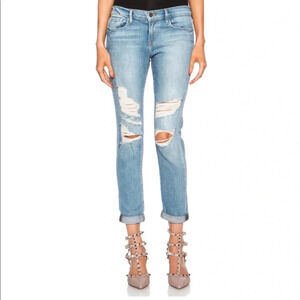 Frame Denim Distressed Le Garcon Jeans Blue Mid Rise Destroyed Knees Lucielle